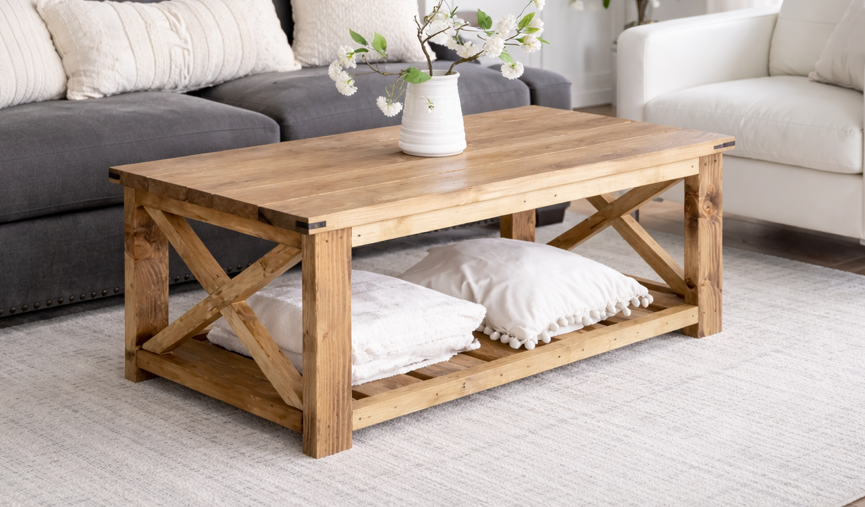 Farmhouse-style wooden coffee table with lower shelf and cross-braced sides