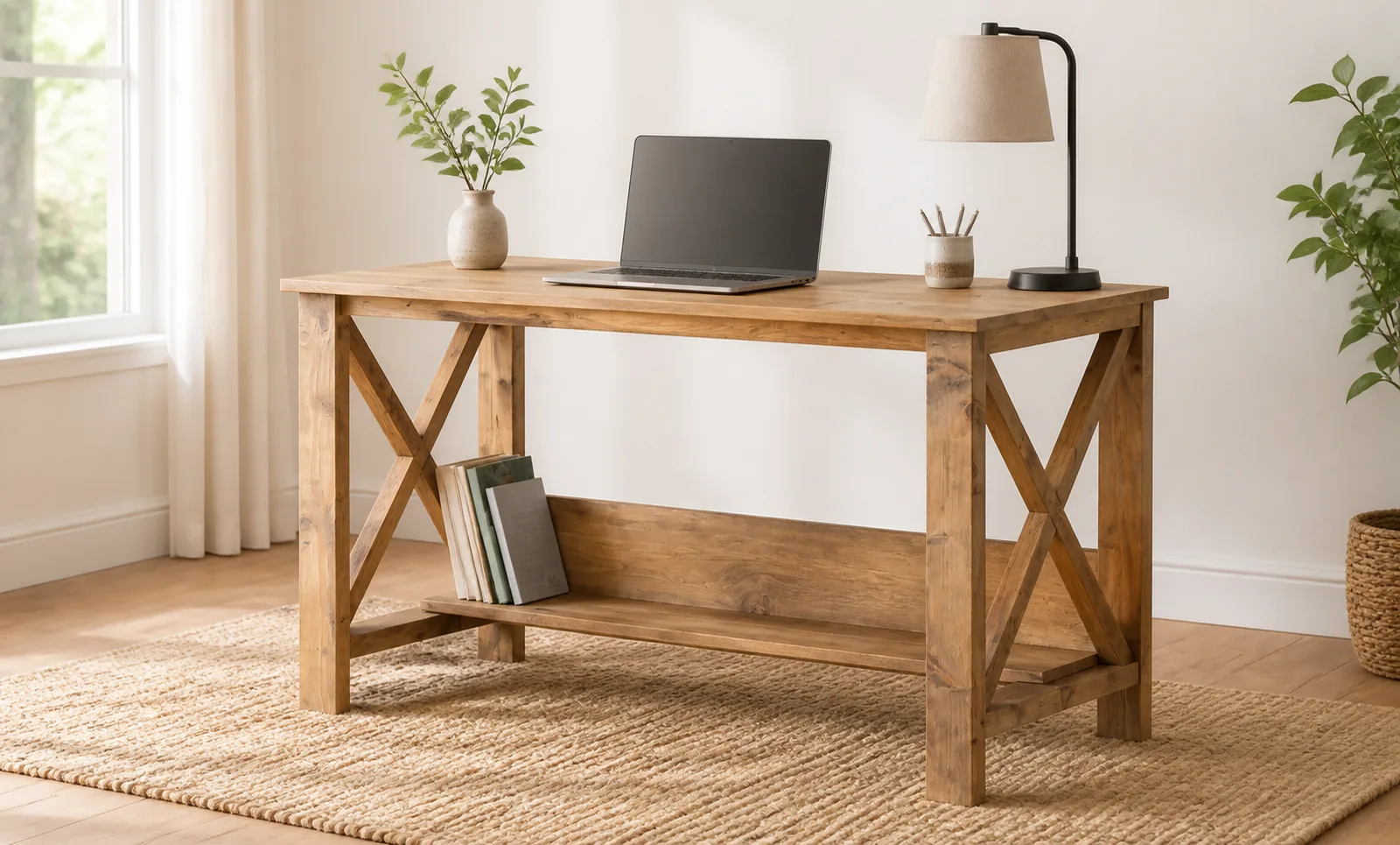 Rustic wooden writing desk with lower shelf and cross-braced sides